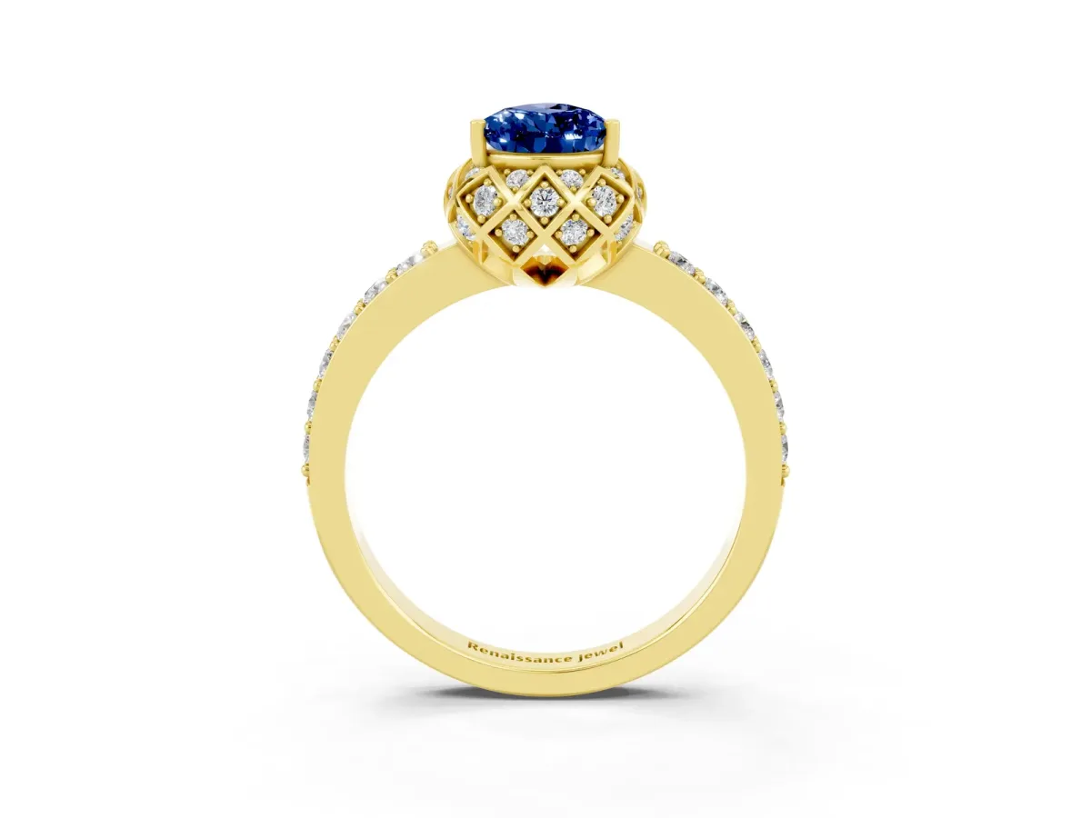 Pear Cut Blue Sapphire Scalloped Halo Engagement Ring with Round Shared Prong Band Yellow gold