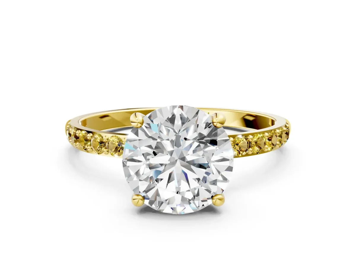 Round Cut Diamond Solitaire Ring with Round Yellow Sapphire Pavé Band and Prong Setting Yellow gold