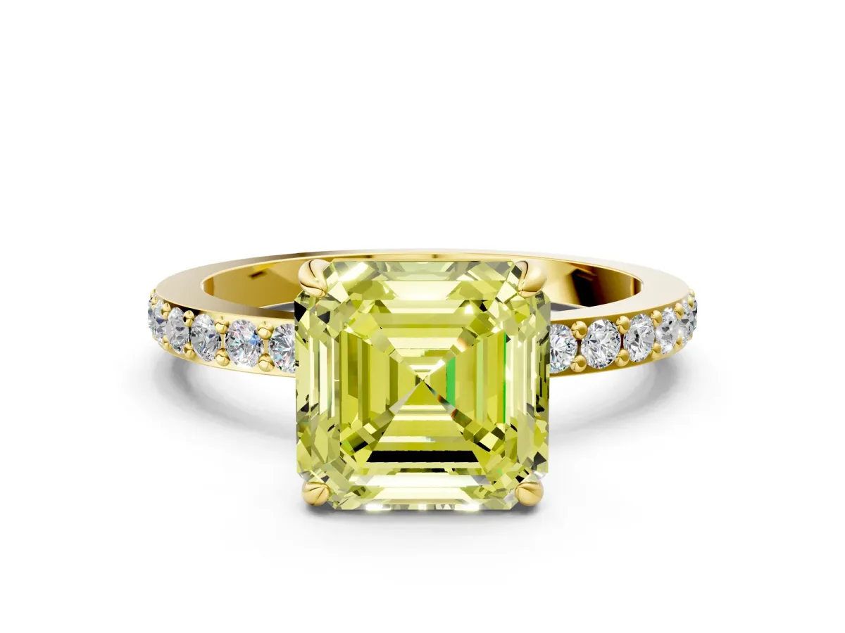 Fancy Yellow Asscher Cut Diamond Solitaire Engagement Ring with Pavé Band and Four-Prong Setting Yellow gold
