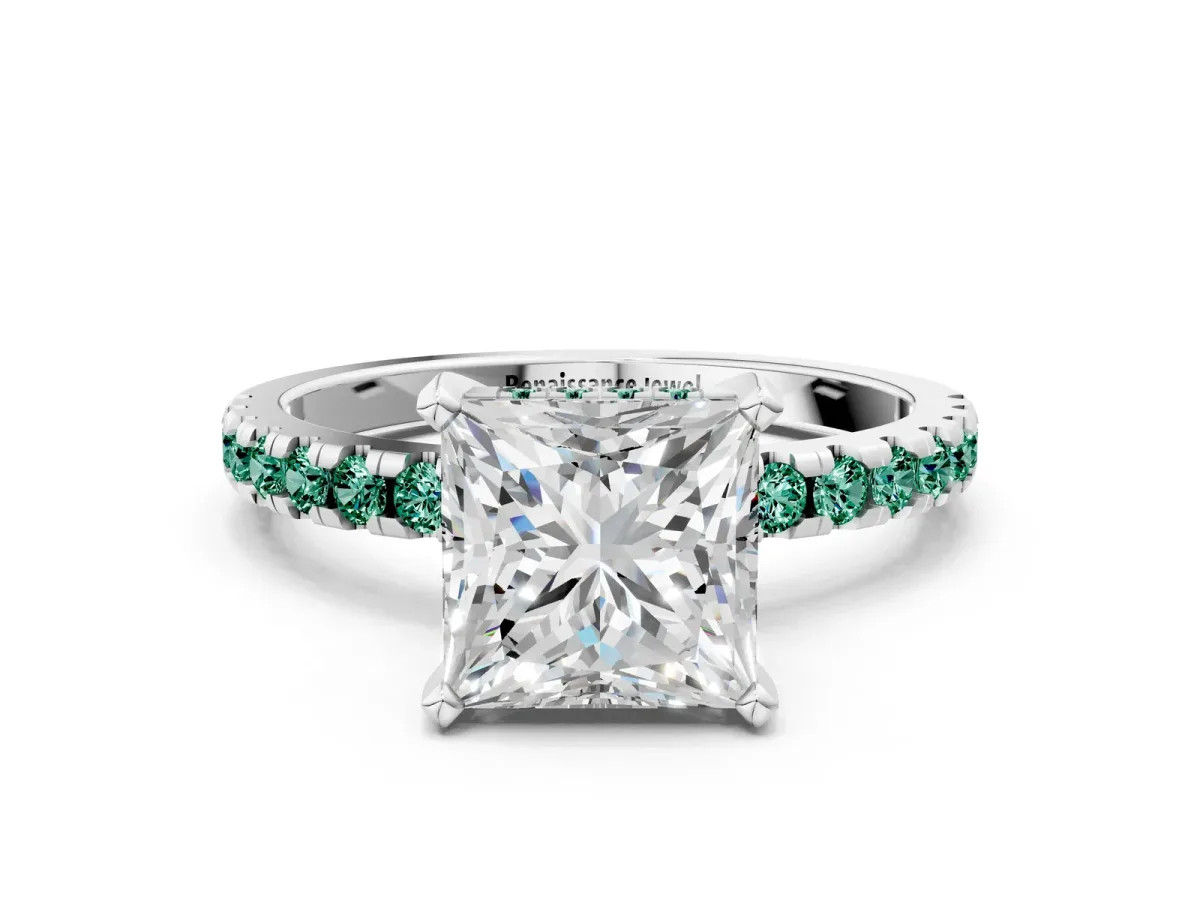 Princess Cut Diamond Solitaire Ring with Round Green Sapphire Pavé Band and Four-Prong Setting White gold