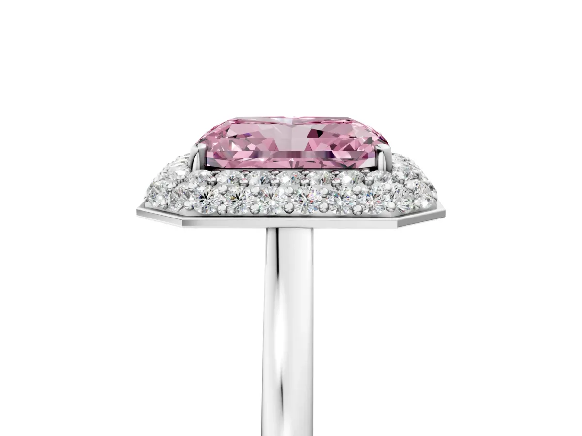 Fancy Pink Radiant Cut Halo Diamond Engagement Ring with Solitaire Band and Four-Prong Setting Platinum