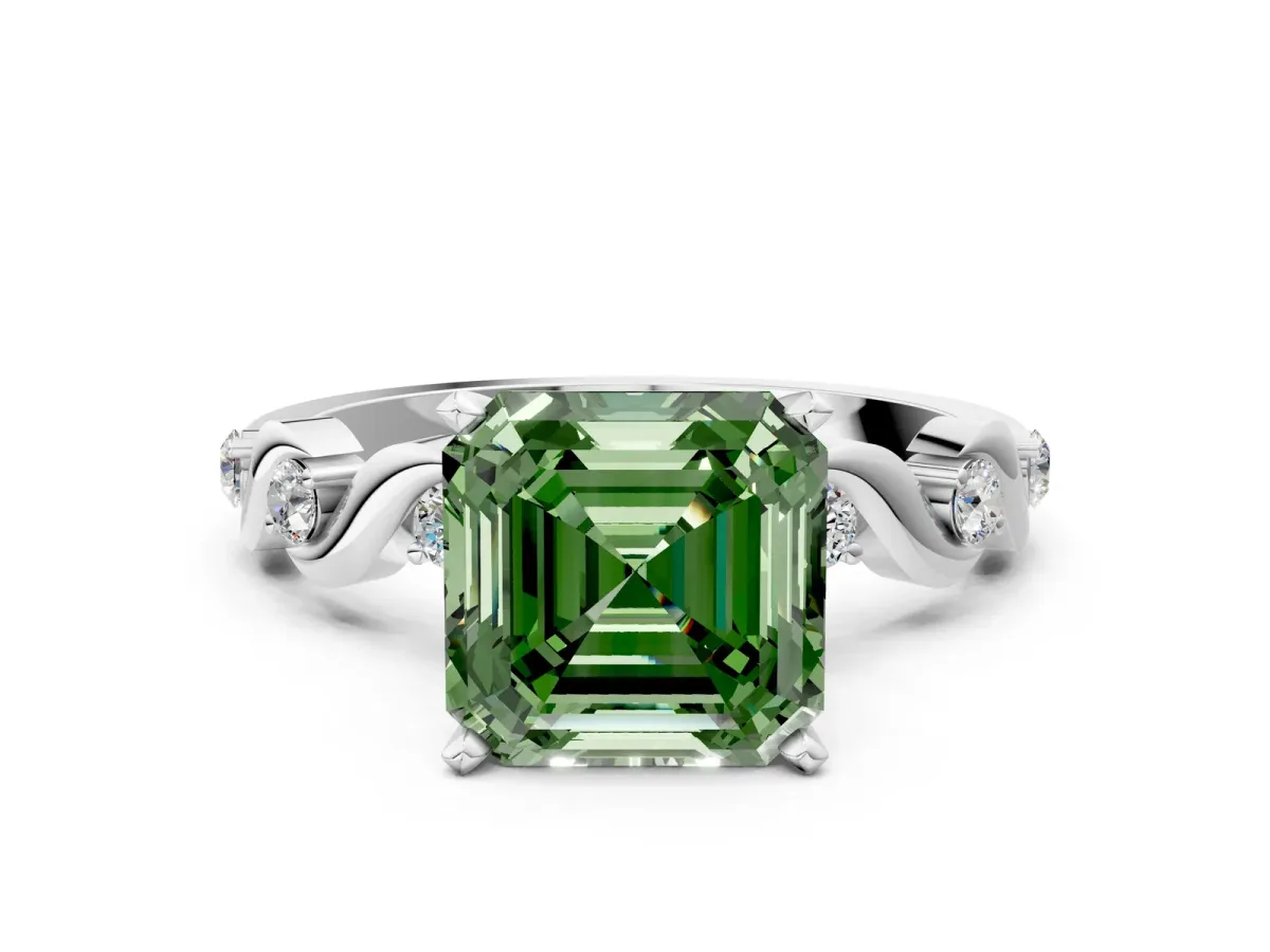 Fancy Green Asscher Cut Diamond Solitaire Twisted Band with Round Accents and Prong Setting White gold