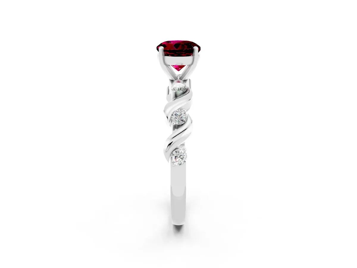Round Cut Garnet Solitaire Twisted Band with Round Accents and Prong Setting Silver