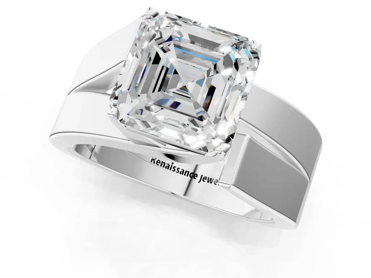 Modern Tension Set Asscher Cut Diamond Solitaire Wide Band Ring Platinum