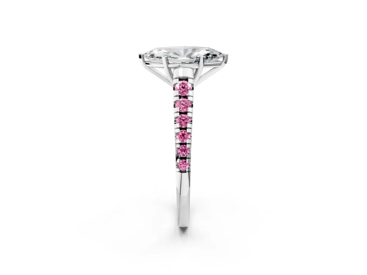 Marquise Cut Diamond Cathedral Solitaire Ring with Round Pink Sapphire Pavé Band White gold