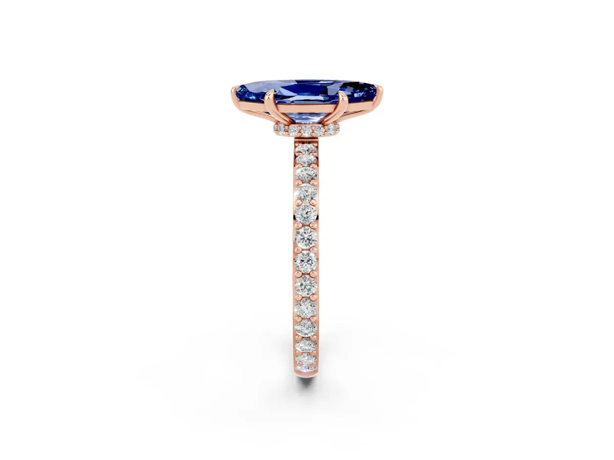 Marquise Cut Blue Sapphire Solitaire Engagement Ring with Pavé Band and Four-Prong Setting Rose gold