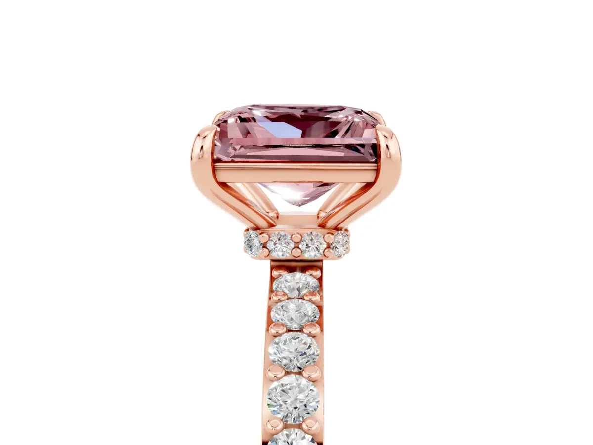 Princess Cut Morganite Solitaire Engagement Ring with Pavé Band and Four-Prong Setting Rose gold