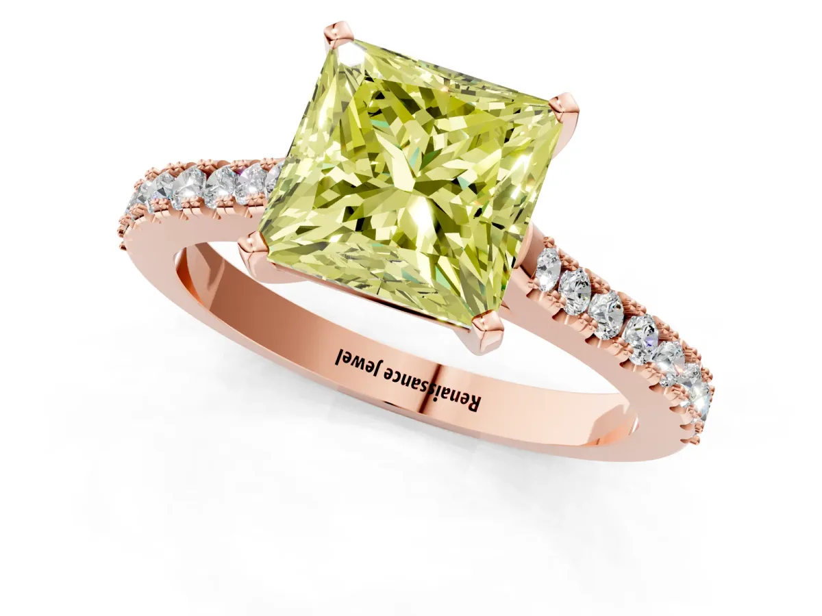 Fancy Yellow Princess Cut Cut Solitaire Diamond Engagement Ring with Pave Band and Four-Prong Setting Rose gold