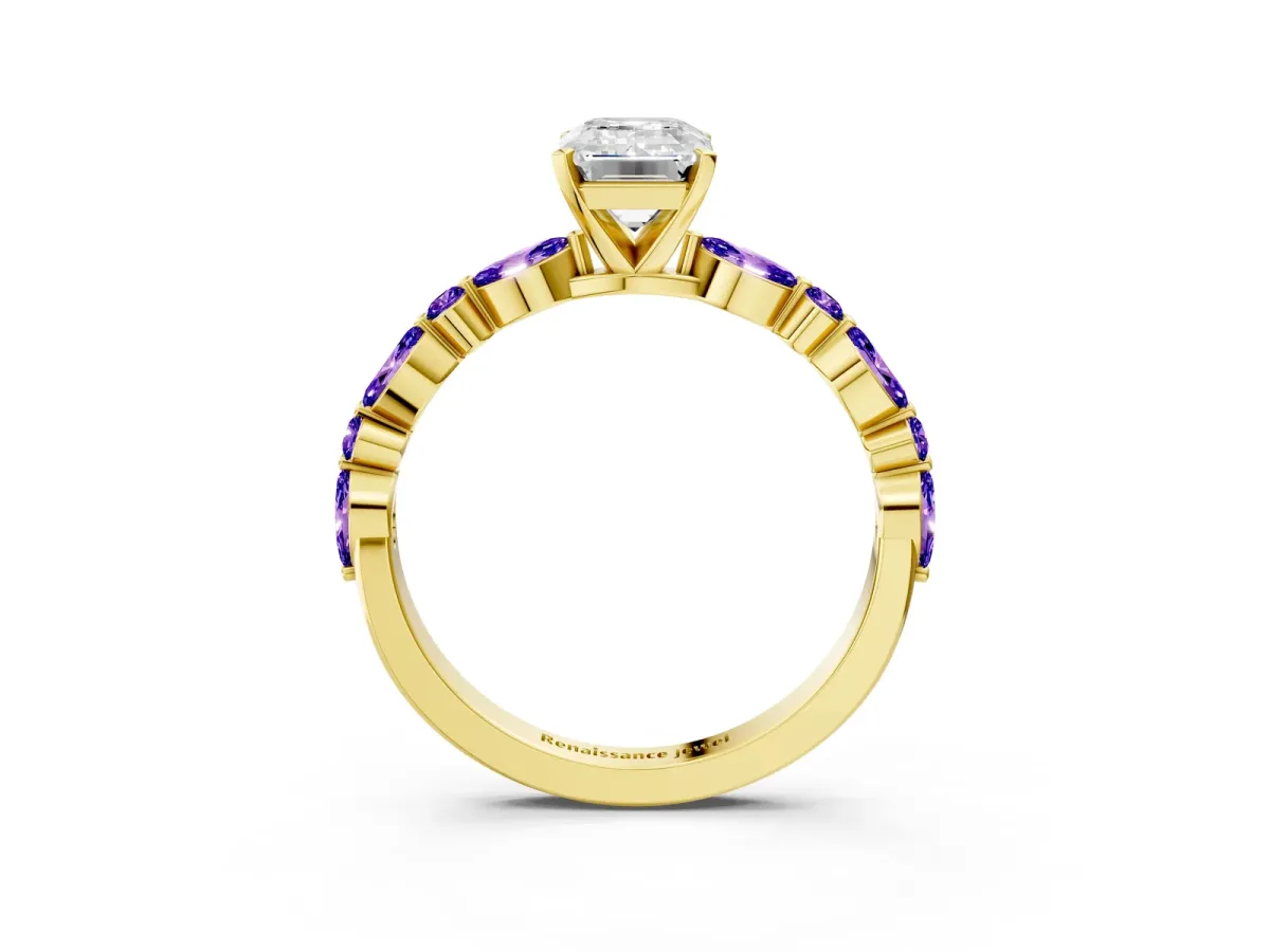 Emerald Cut Diamond Ring with Marquise and Round Tanzanite Side Stones and Four-Prong Setting Yellow gold