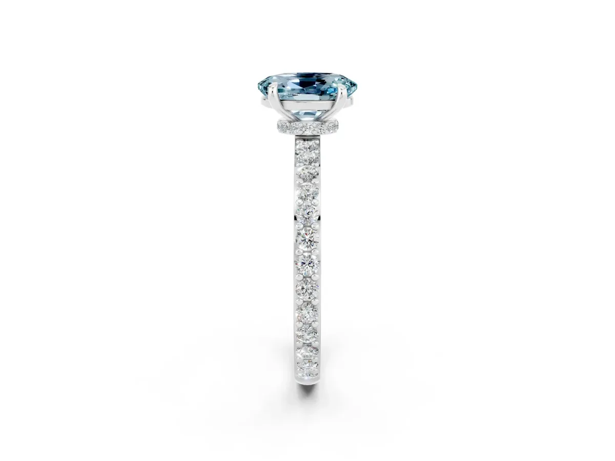 Oval Cut Aquamarine Solitaire Engagement Ring with Pavé Band and Four-Prong Setting White gold