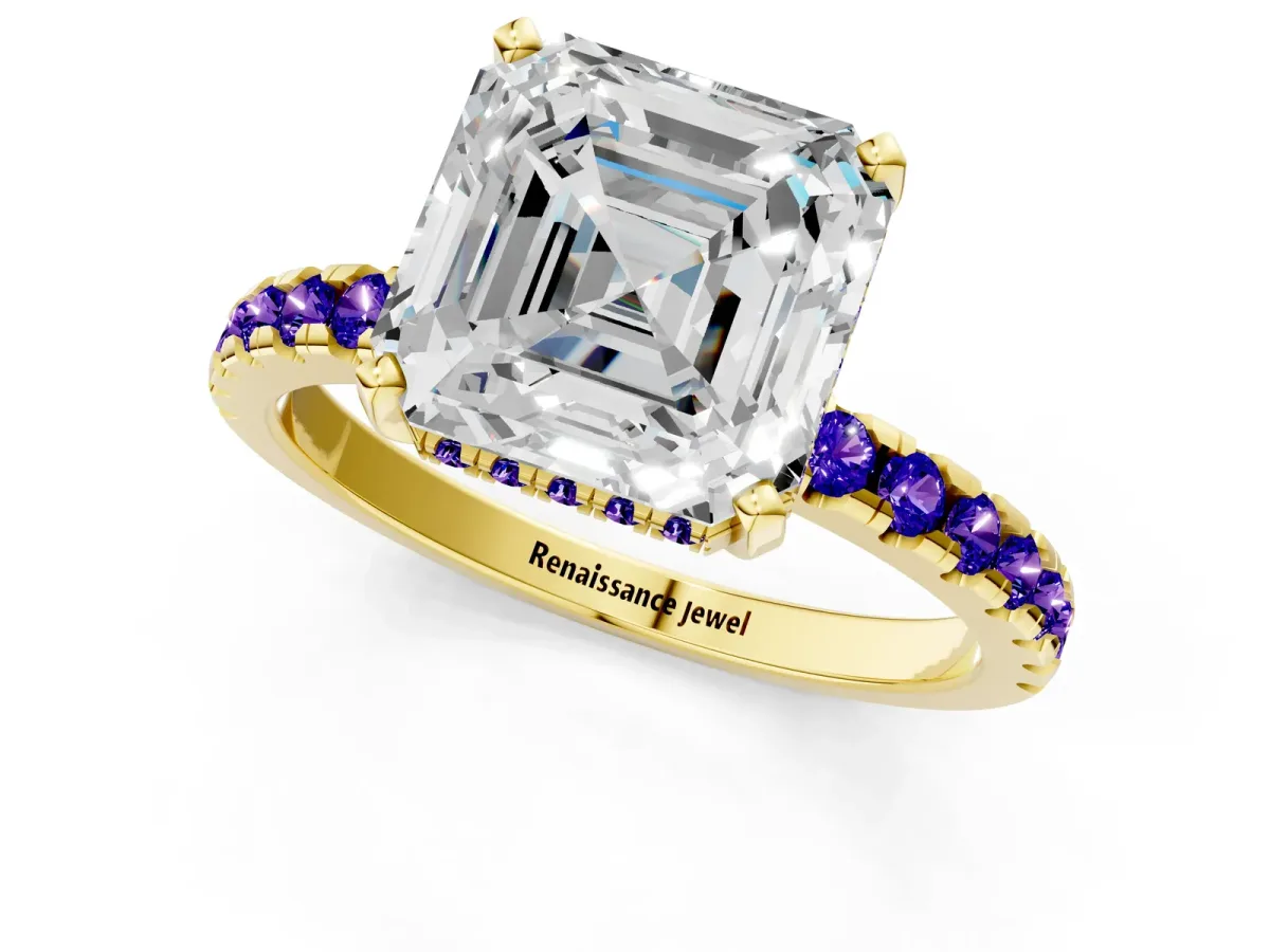Asscher Cut Diamond Solitaire Ring with Round Tanzanite Pavé Band and Four-Prong Setting Yellow gold