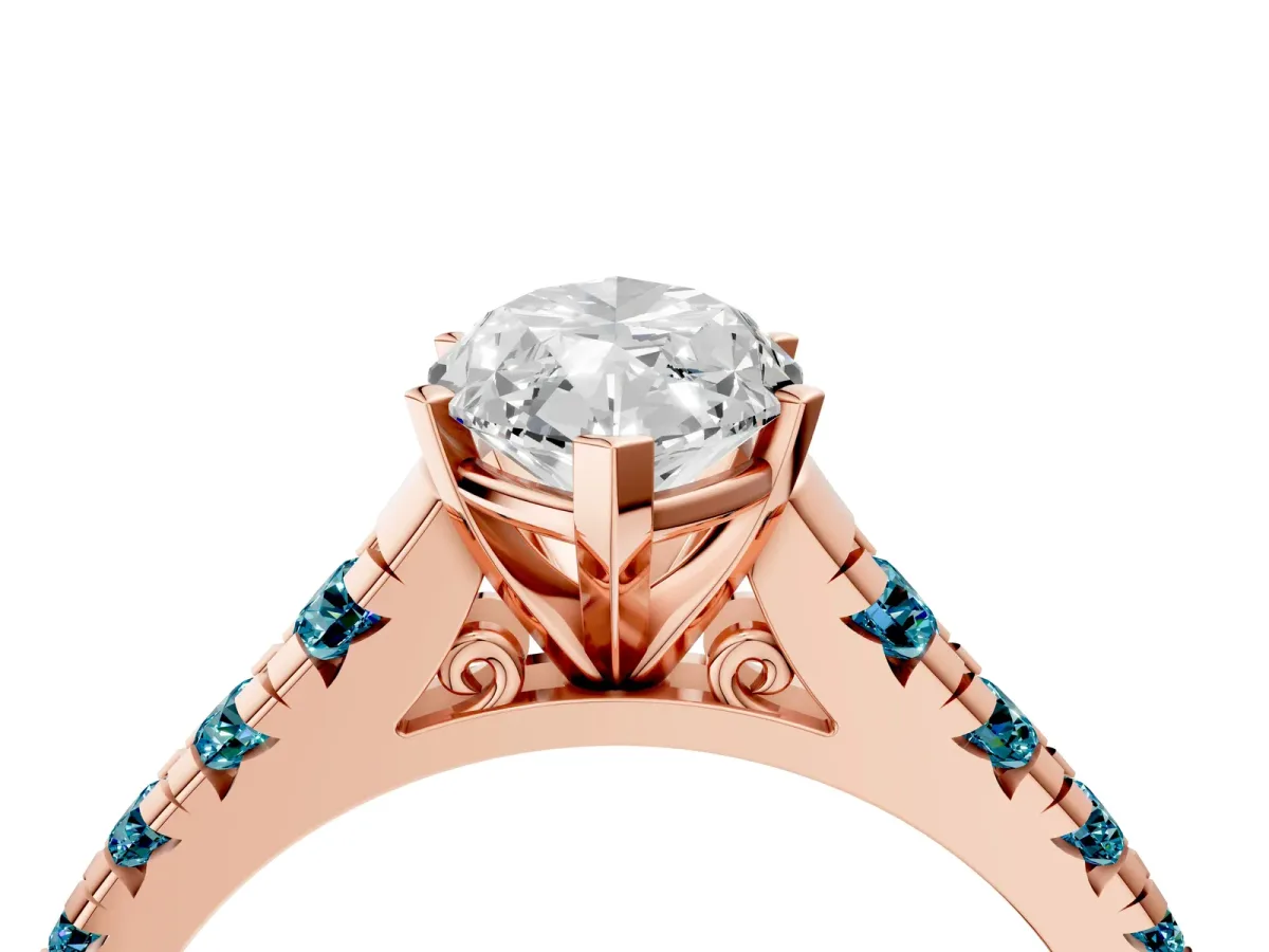 Marquise Cut Diamond Cathedral Solitaire Ring with Round Blue Topaz Pavé Band Rose gold