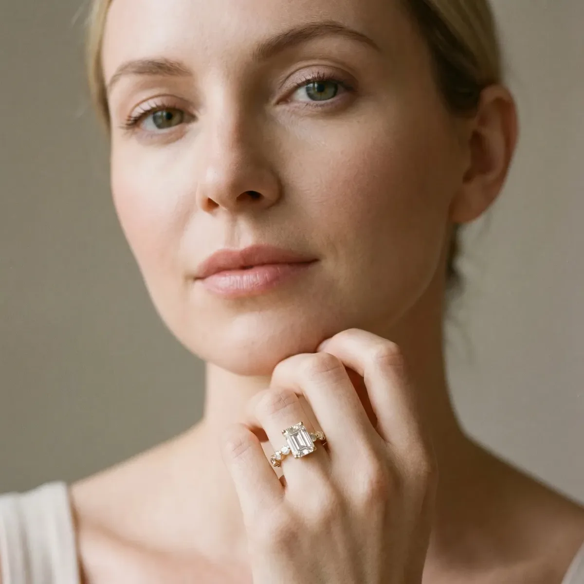 Emerald Cut Solitaire Diamond Ring with Pave Band and Four-Prong Setting Yellow gold