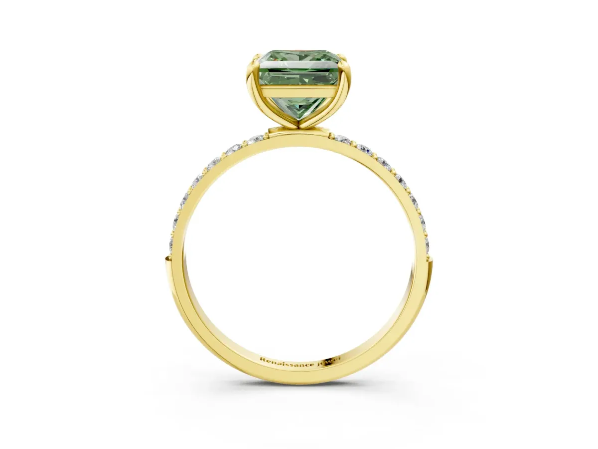 Fancy Green Princess Cut Diamond Solitaire Ring with Round Pavé Band and Prong Setting Yellow gold