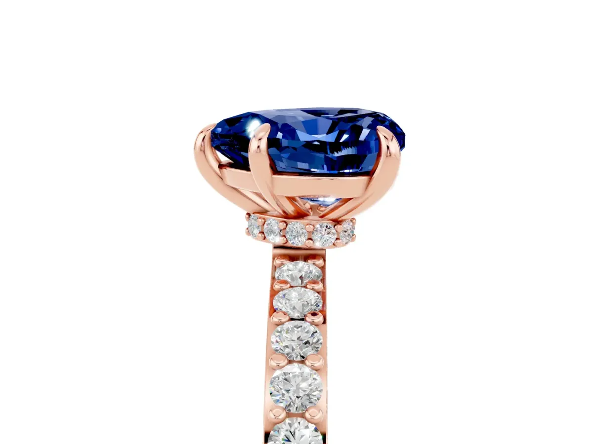 Heart Cut Blue Sapphire Solitaire Engagement Ring with Pavé Band and Four-Prong Setting Rose gold