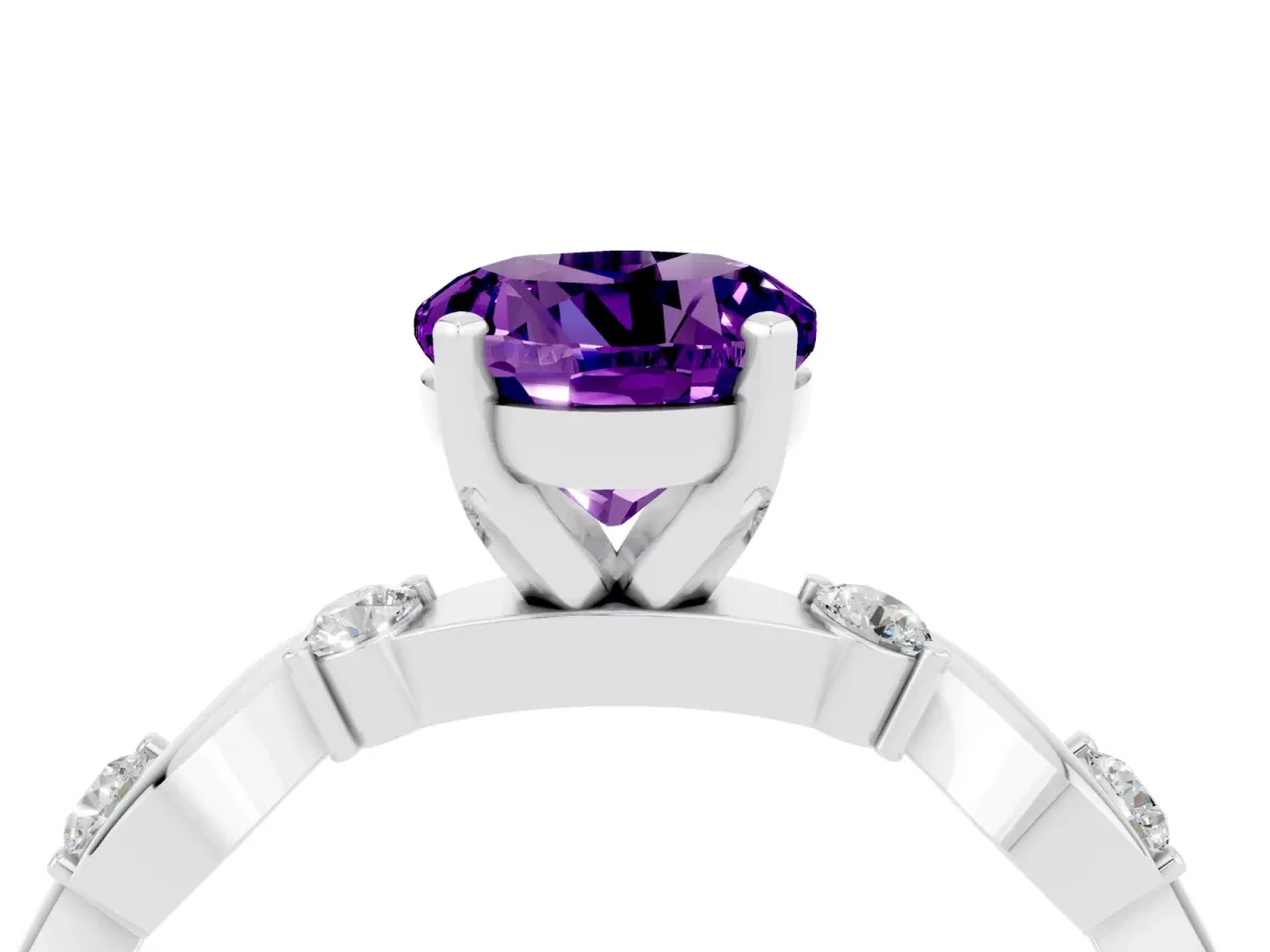 Round Cut Amethyst Solitaire Twisted Band with Round Accents and Prong Setting Silver