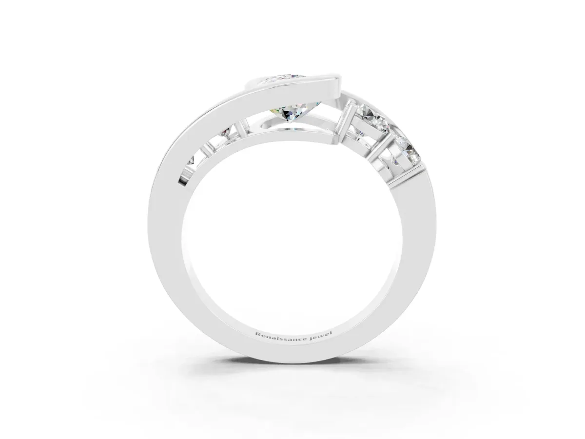 Bezel Set Pear Cut Moissanite Bypass Ring with Round Accents Platinum