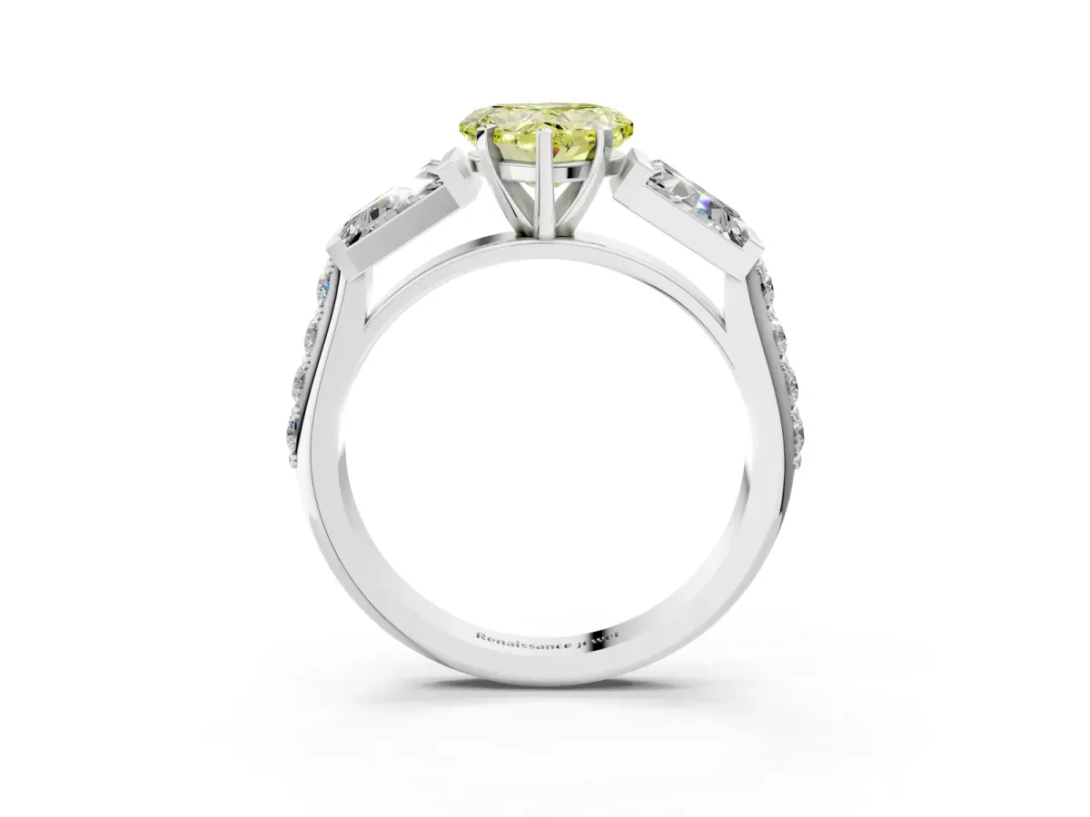 Fancy Yellow Heart Cut Diamond Engagement Ring with Baguette Side Stones and Channel Set Band Platinum