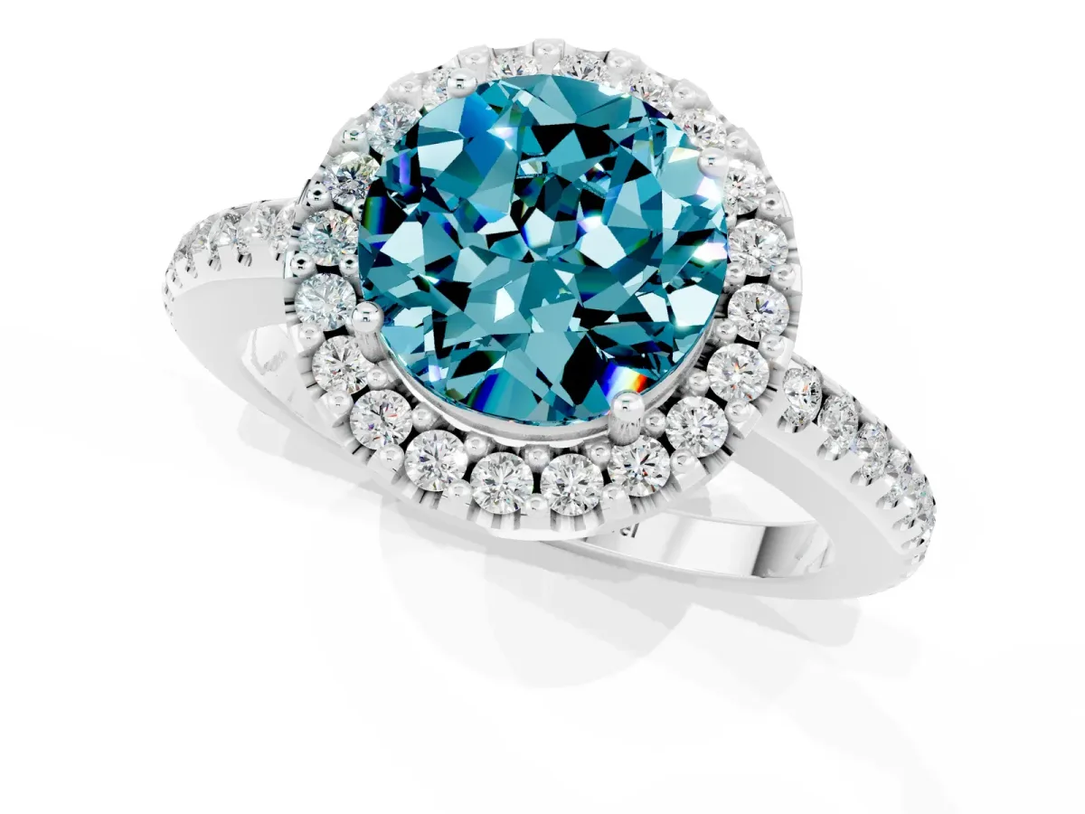 Round Cut Blue Topaz Pavé Halo Ring with Four-Prong Setting Platinum