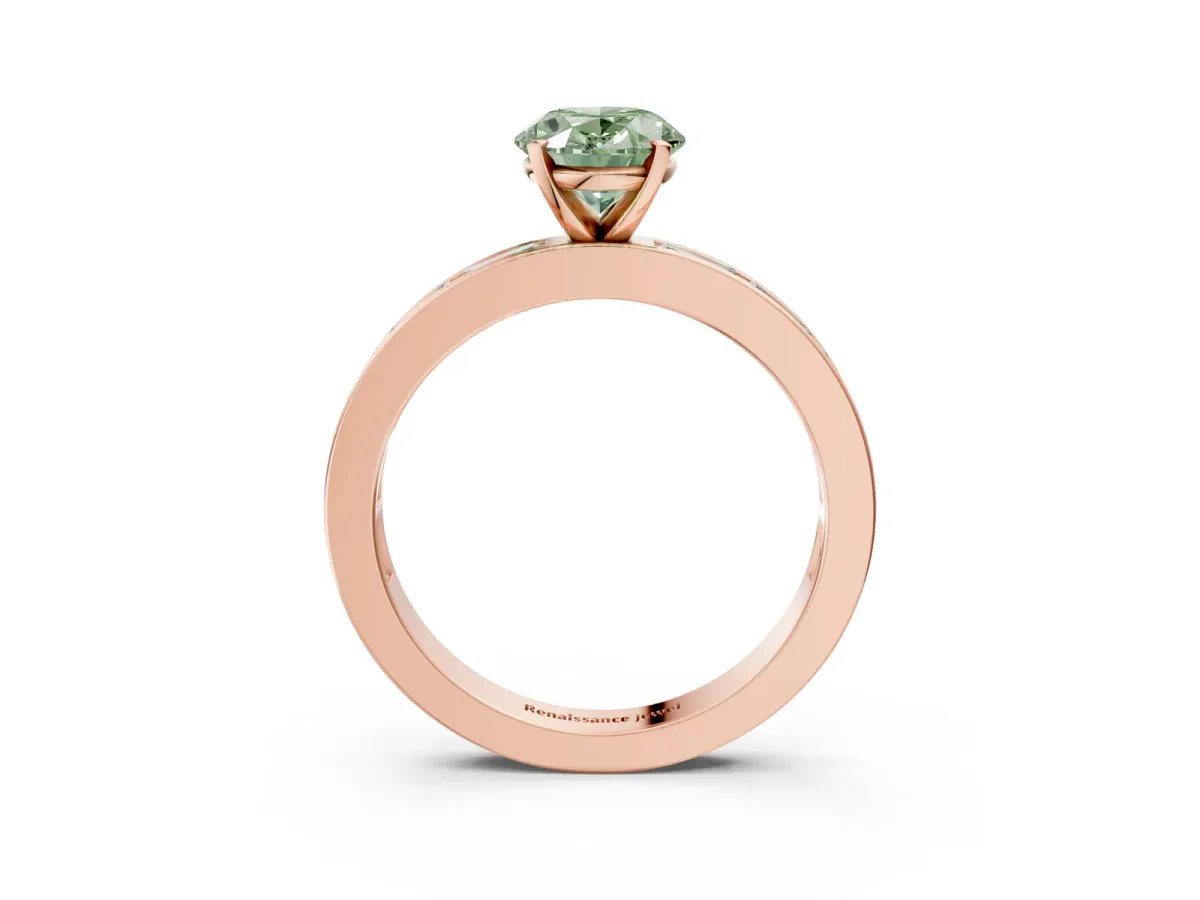 Fancy Green Oval Cut Solitaire Diamond Ring with Channel-Set Baguette Band and Four-Prong Setting Rose gold