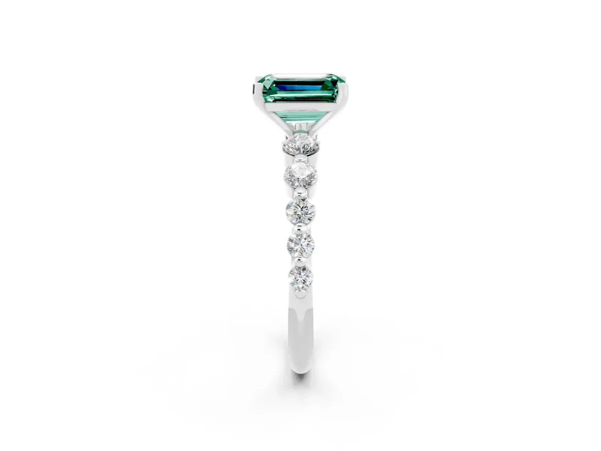 Emerald Cut Solitaire Green Sapphire Ring with Pave Band and Four-Prong Setting Silver