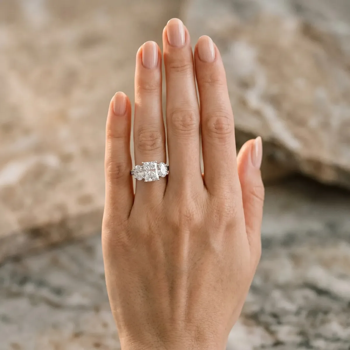 Three-Stone Radiant Cut Diamond Milgrain Pave Band with Prong Setting Platinum