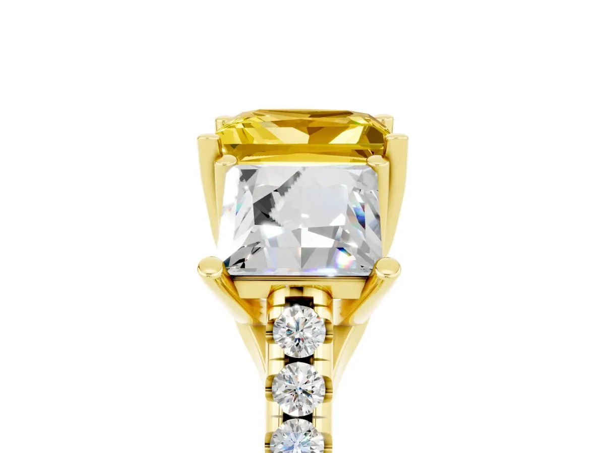 Three-Stone Princess Cut Yellow Sapphire Ring with Round Pavé Band and Prong Setting Yellow gold