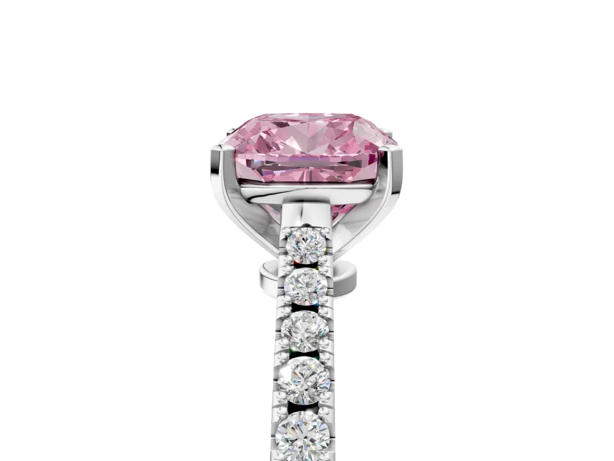 Fancy Pink Cushion Cut Cut Solitaire Diamond Engagement Ring with Pave Band and Four-Prong Setting White gold