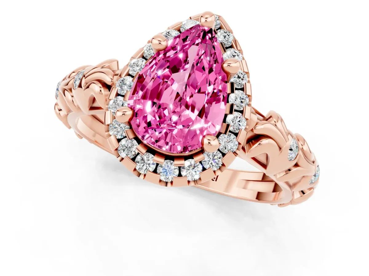 Pear Cut Pink Sapphire Halo Ring with Filigree Band and Prong Setting Rose gold