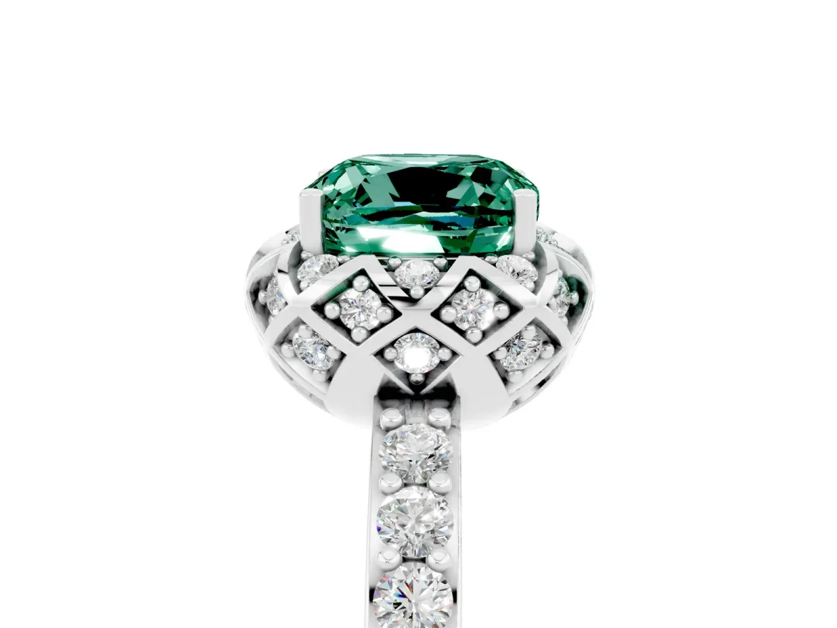 Cushion Cut Green Sapphire Scalloped Halo Engagement Ring with Round Shared Prong Band Silver