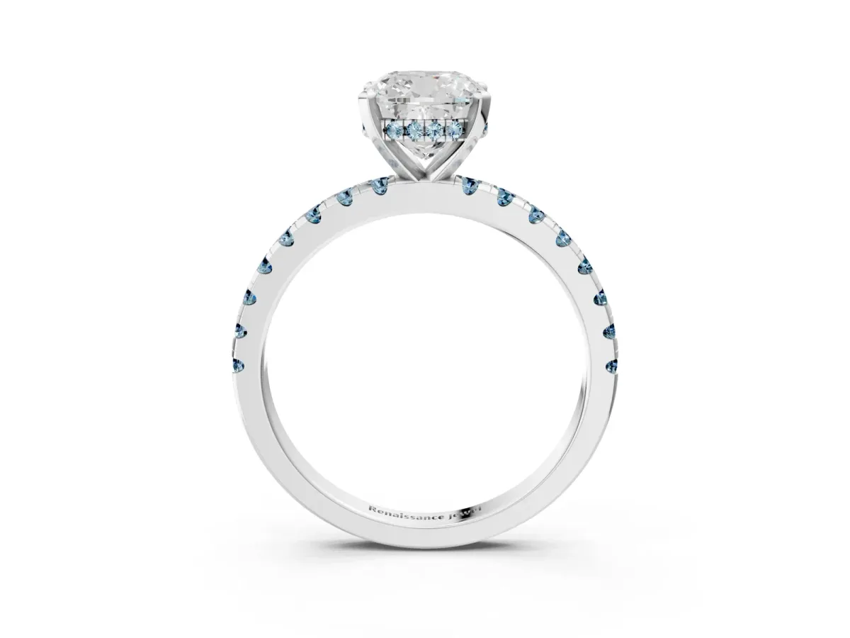 Cushion Cut Diamond Solitaire Ring with Round Aquamarine Pavé Band and Four-Prong Setting Platinum