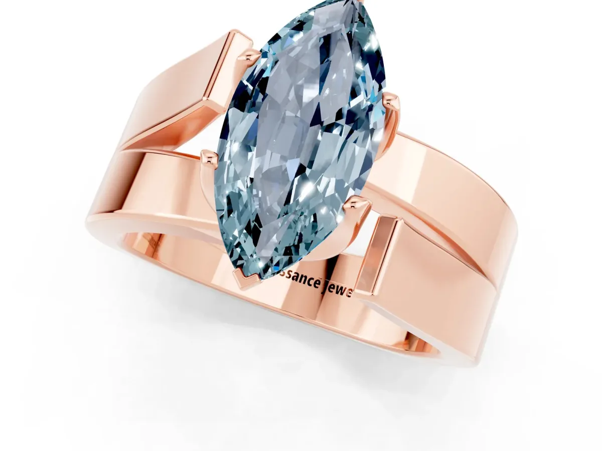 Modern Tension Set Marquise Cut Aquamarine Solitaire Wide Band Ring Rose gold