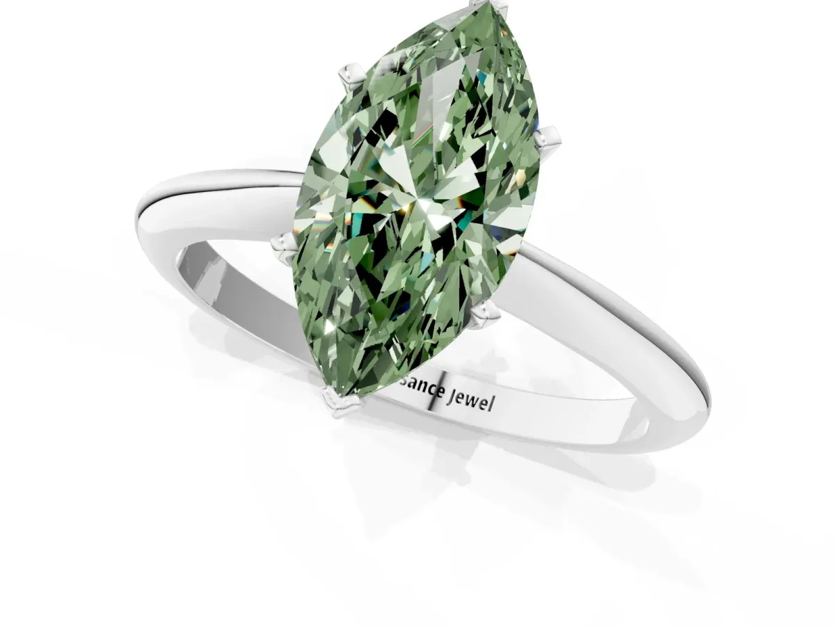 Fancy Green Marquise Cut Diamond Solitaire Engagement Ring with Classic Band and Four-Prong Setting White gold