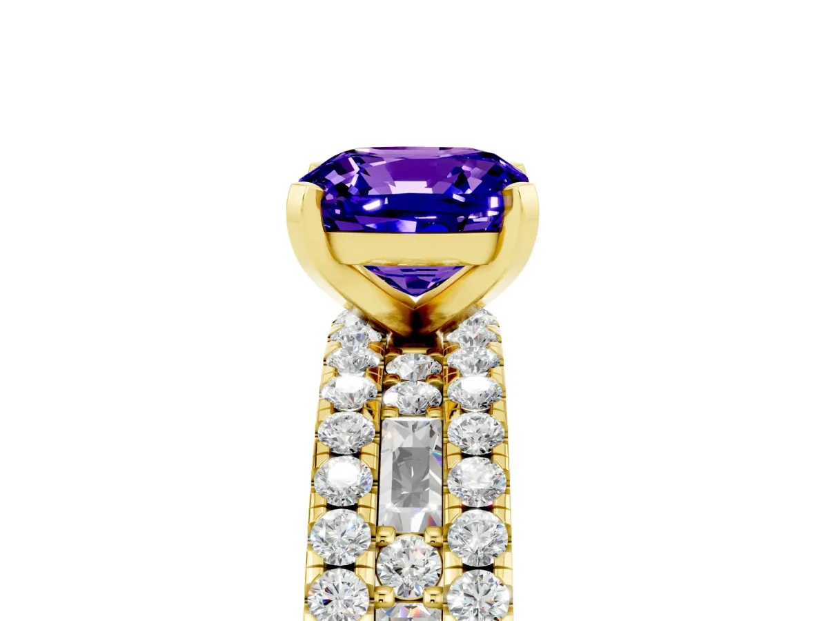 Cushion Cut Tanzanite Solitaire Ring with Pavé and Channel Set Band Yellow gold