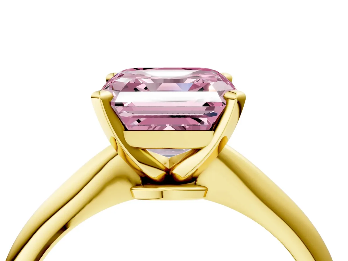 Fancy Pink Asscher Cut Diamond Solitaire Engagement Ring with Classic Band and Four-Prong Setting Yellow gold