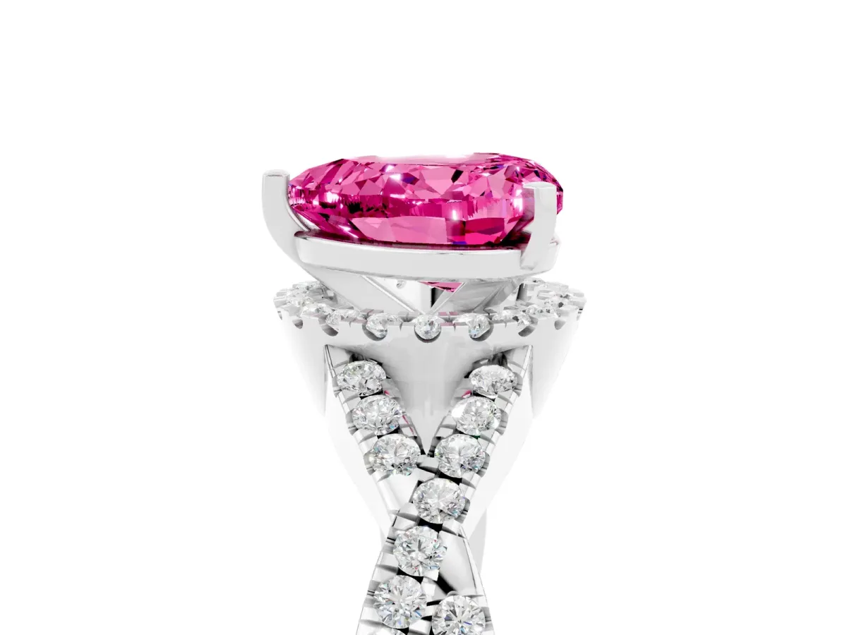 Heart Cut Pink Sapphire Halo Twist Band Solitaire Prong Setting Ring White gold