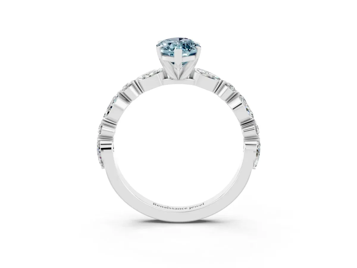 Marquise Cut Aquamarine Ring with Marquise and Round Side Stones and Four-Prong Setting Platinum