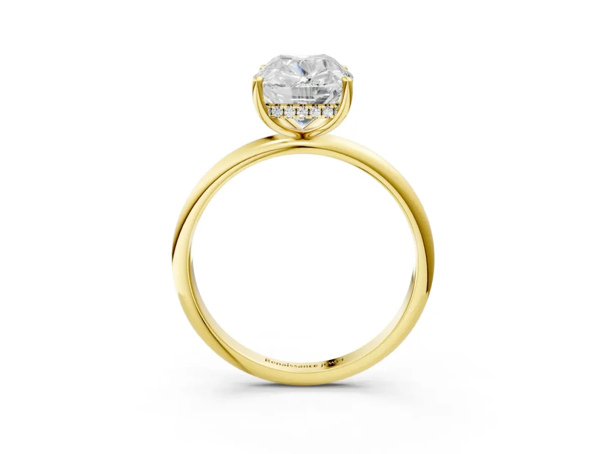 Old Mine Elongated Cushion Diamond Classic Band Four Prong Solitaire Ring Yellow gold