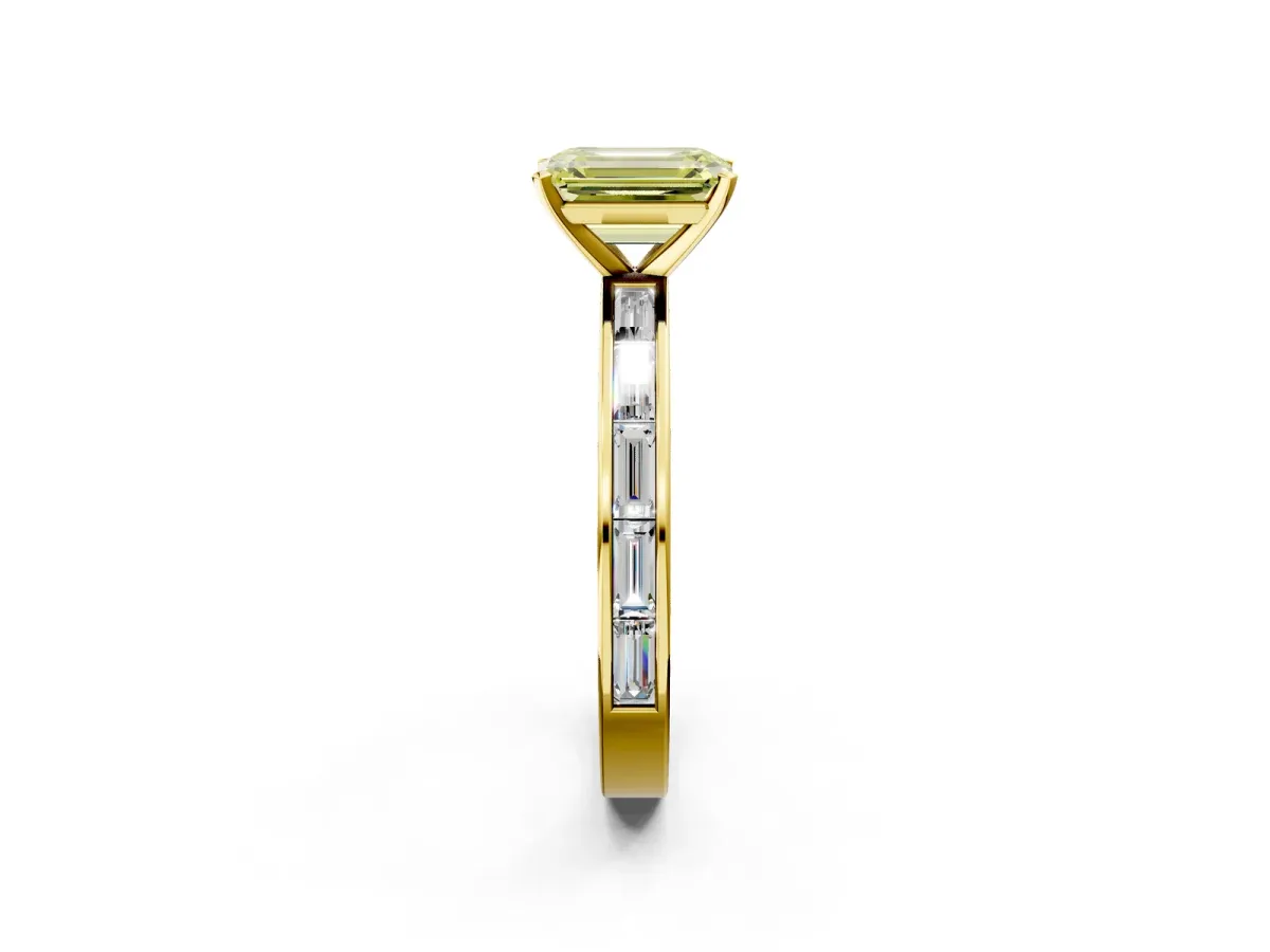 Fancy Yellow Emerald Cut Solitaire Diamond Ring with Channel-Set Baguette Band and Four-Prong Setting Yellow gold