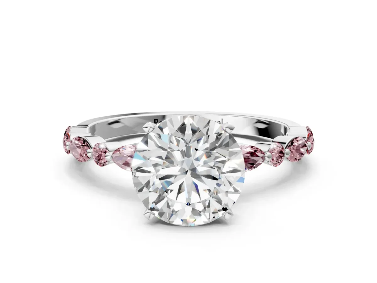Round Cut Diamond Ring with Marquise and Round Morganite Side Stones and Four-Prong Setting White gold