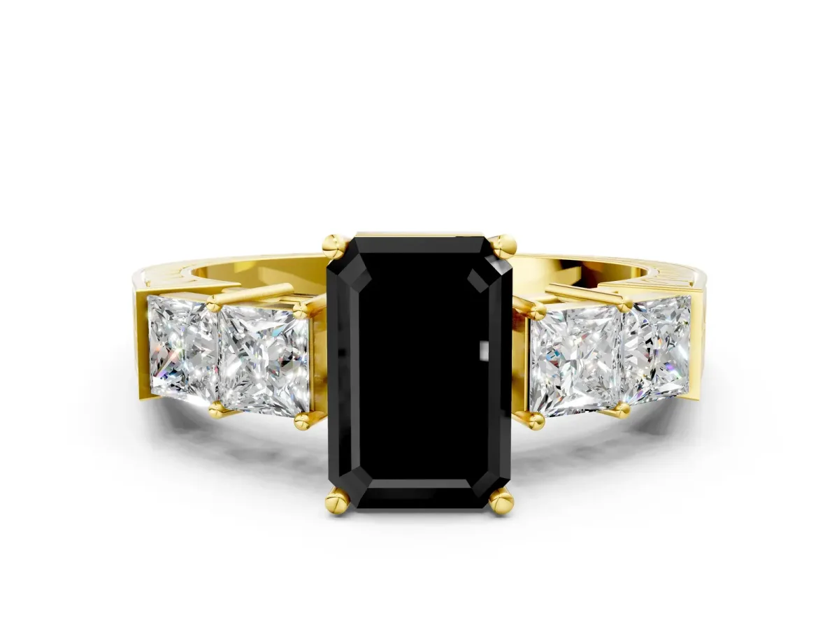 Fancy Black Emerald Cut Solitaire Princess Side Stone Engraved Band Prong Setting Ring Yellow gold