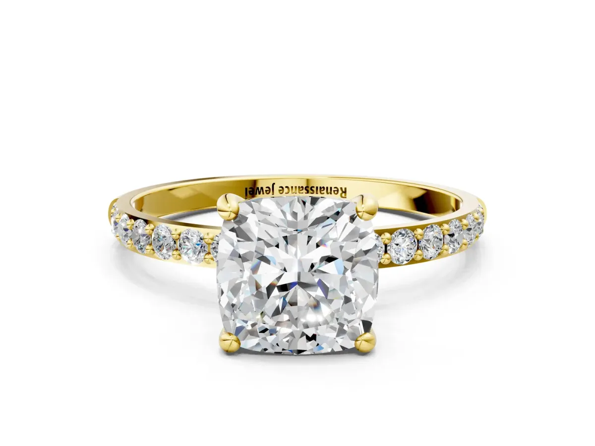 Cushion Cut Diamond Solitaire Ring with Round Pavé Band and Prong Setting Yellow gold