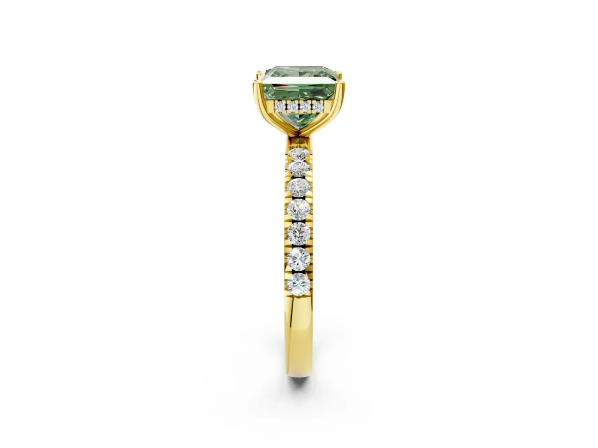 Fancy Green Princess Cut Diamond Pave Band Solitaire Ring with Round and Prong Setting Yellow gold