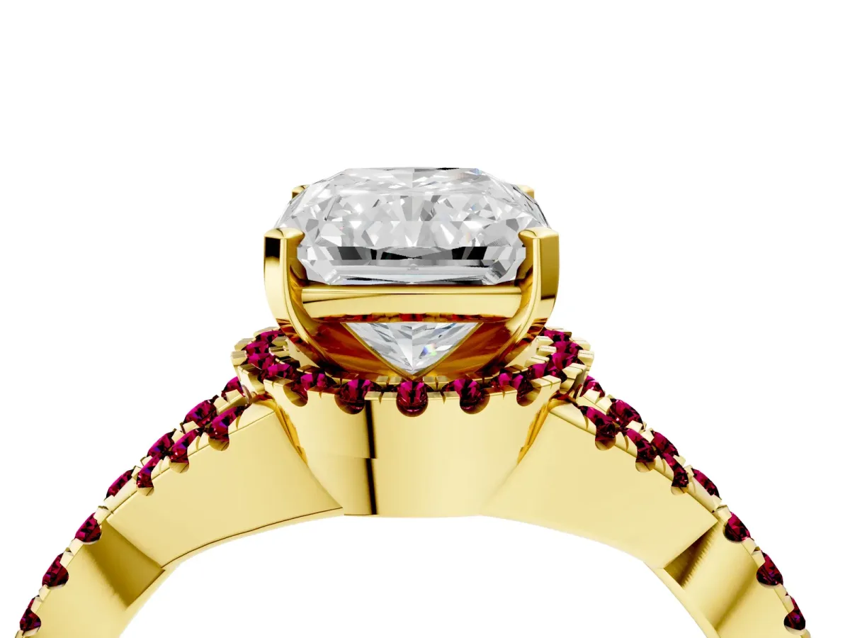 Radiant Cut Diamond Garnet Halo Twist Band Solitaire Prong Setting Ring Yellow gold