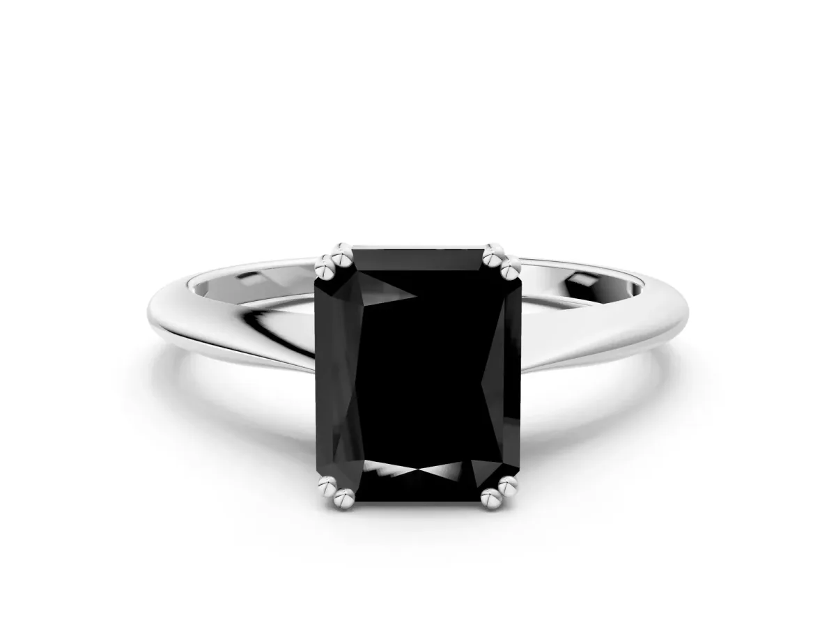 Fancy Black Radiant Cut Solitaire Diamond Ring with Six-Prong Setting and Classic Band Platinum