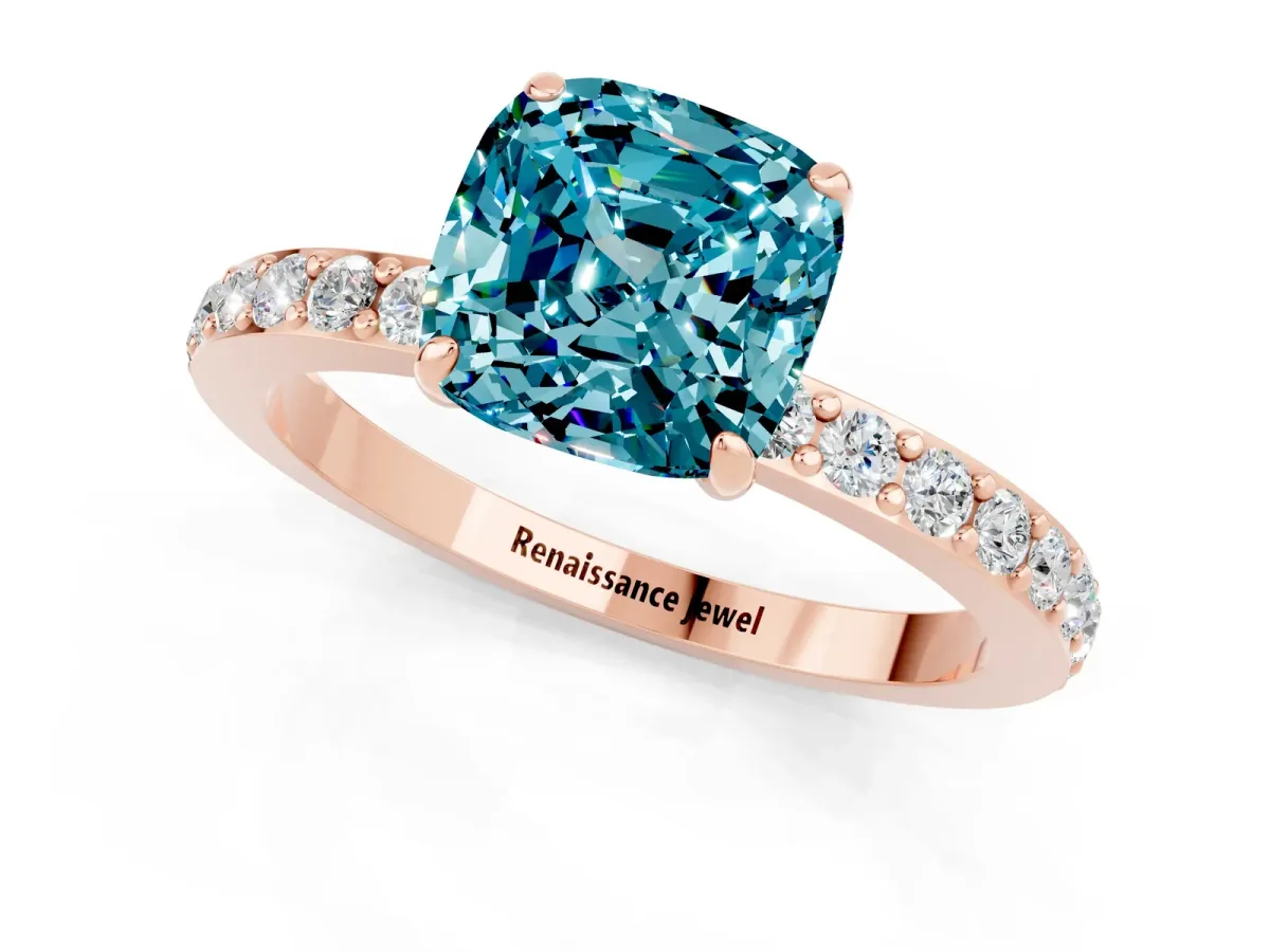 Cushion Cut Blue Topaz Solitaire Engagement Ring with Pavé Band and Four-Prong Setting Rose gold