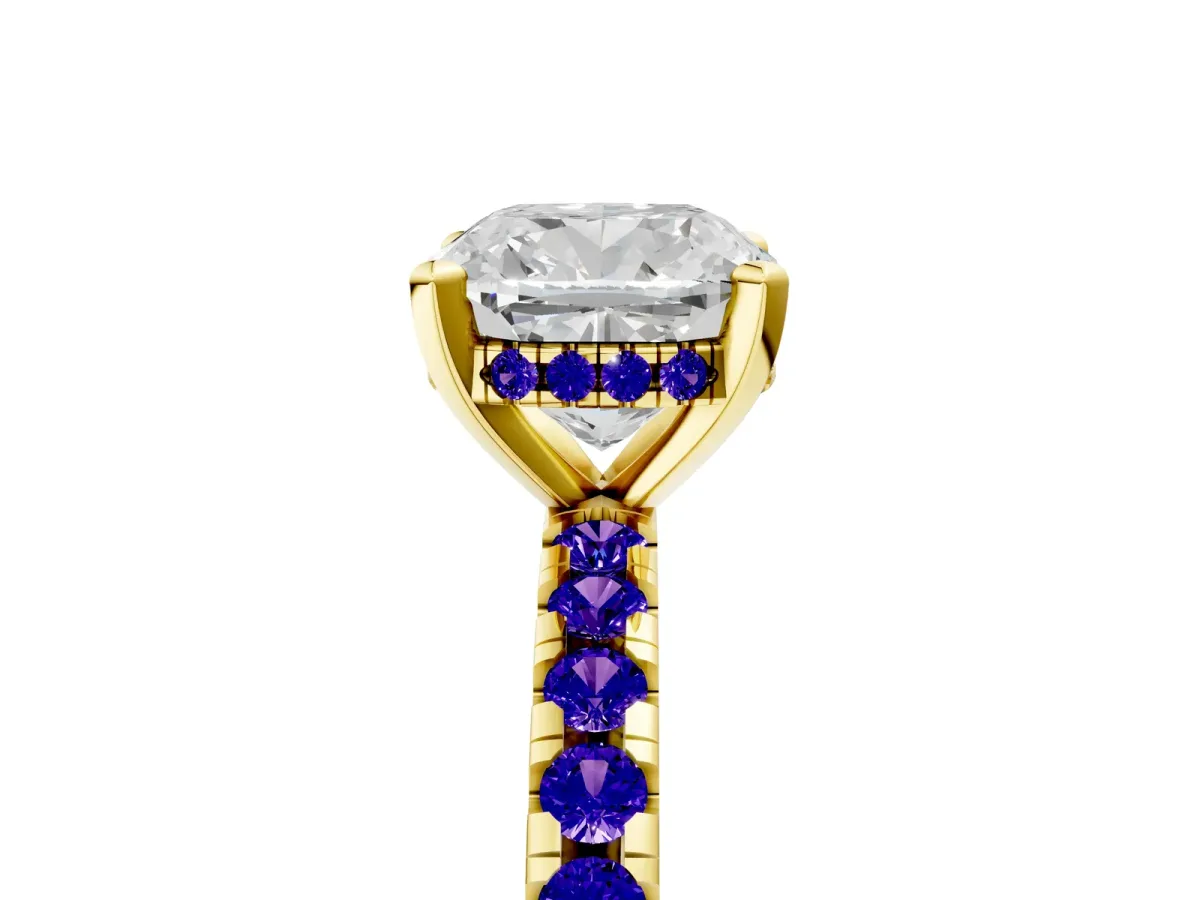 Cushion Cut Diamond Solitaire Ring with Round Tanzanite Pavé Band and Four-Prong Setting Yellow gold