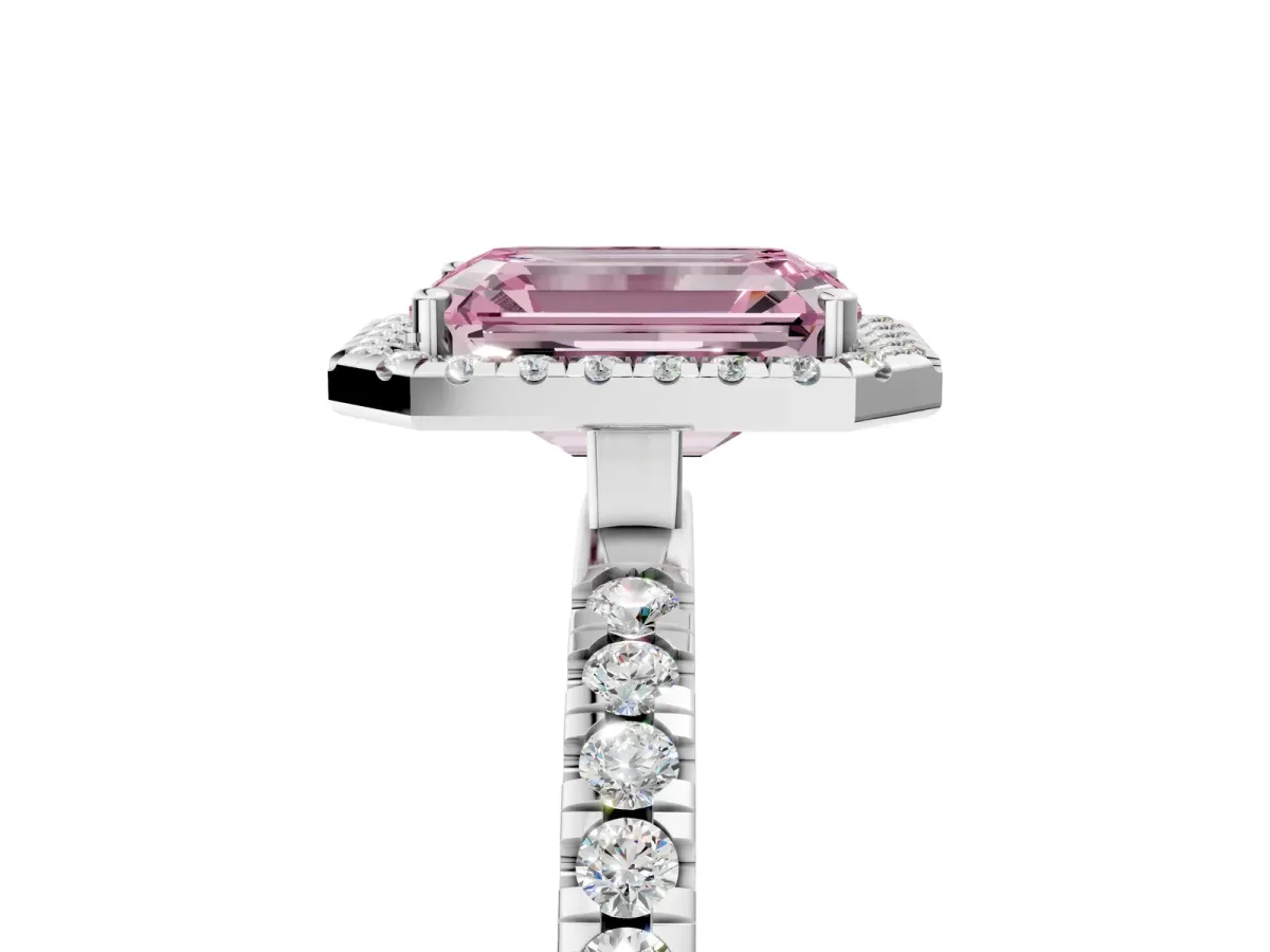 Fancy Pink Emerald Cut Diamond Classic Halo Engagement Ring with Round Pavé Band and Prong Setting White gold