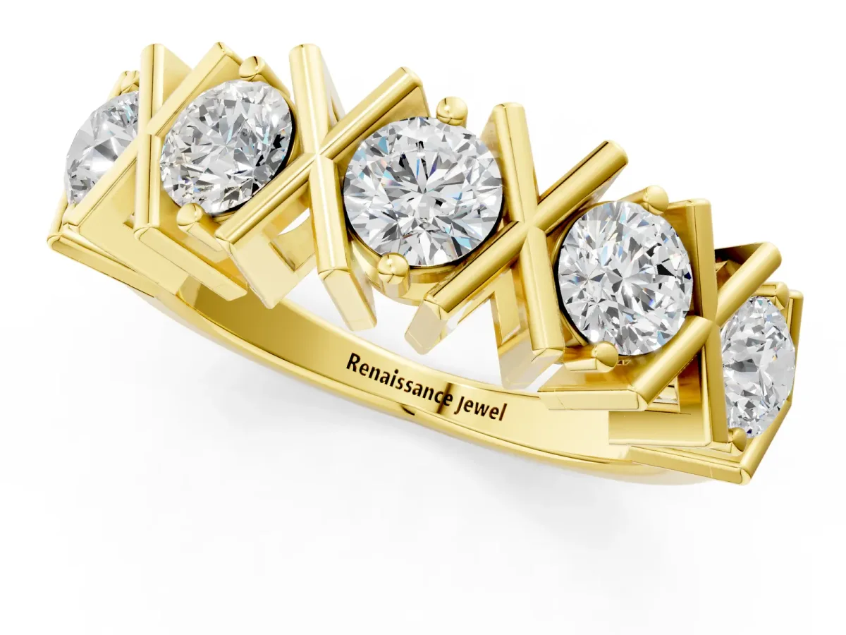 Round Diamond Channel Set Band with X-Prong Detail Yellow gold