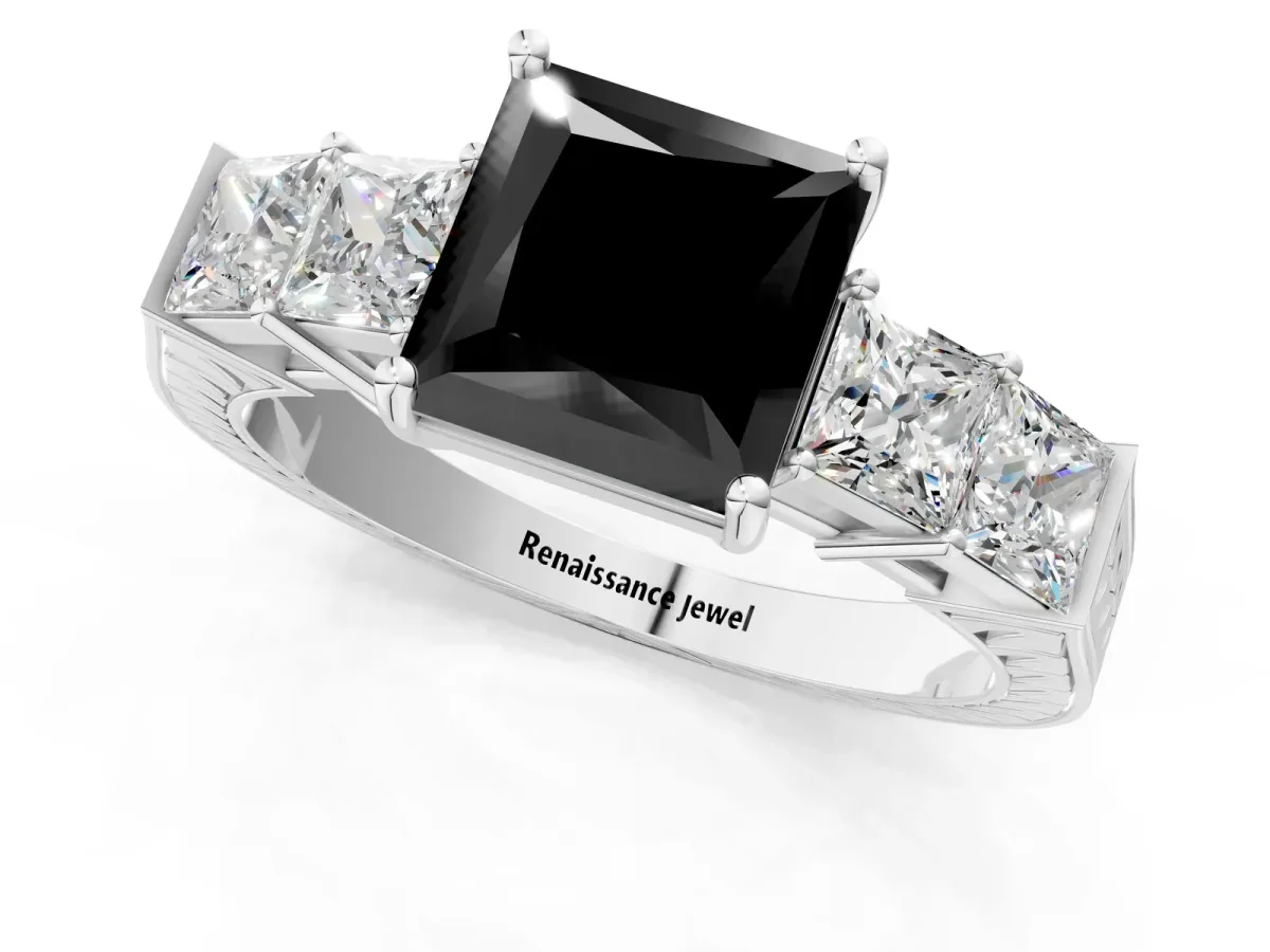 Fancy Black Princess Cut Solitaire Princess Side Stone Engraved Band Prong Setting Ring Platinum